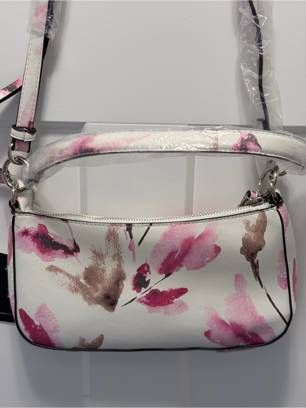 Alfani White Crossbody Purse with Pink Floral Watercolor Print - Picture 4 of 7